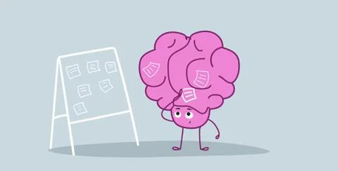 Human brain scheduling work agenda on task board with sticky notes planning Illustrazione stock