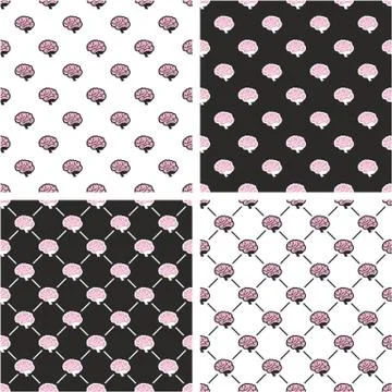 Human Brain Seamless Pattern Pink Color Set Stock Illustration