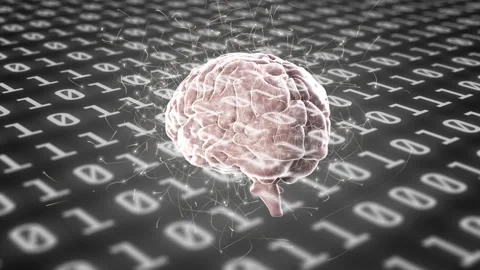 Human brain spinning against binary coding data processing on grey background Stock Footage 150230558