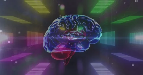 Human brain spinning over glowing tunnel in seamless pattern against black Stock Footage 330341728