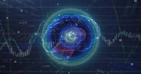 Human brain spinning over round neon scanner against stock market data Stock Illustration