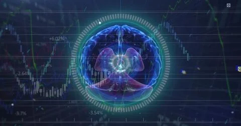 Human brain spinning over round neon scanner against stock market data Illustrazione stock