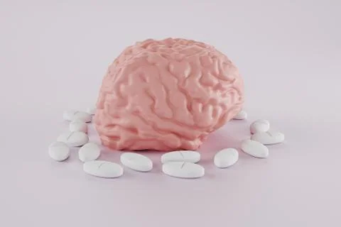 Human brain surrounded by pills on light background, nootropic for the brain Illustration