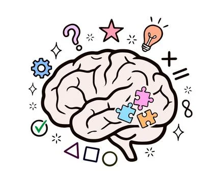 Human brain surrounded by of puzzles, light bulb, math symbols, and shapes. Stock Illustration