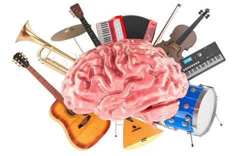 Human brain surrounded by various musical instruments, symbolizing music cr.. Stock Illustration