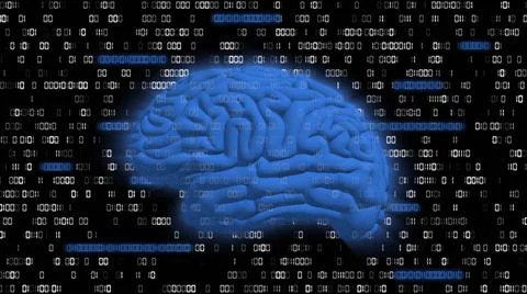 Human brain symbolic for Artificial Intelligence into background of binary code Stock Illustration