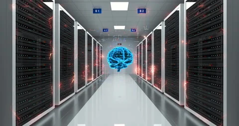 Human brain symbolizing artificial intelligence. Rack servers in data center. Stock Footage 237051930