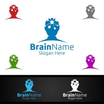 Human Brain Technology Logo with Think Idea Concept Design Illustrazione stock