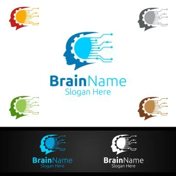 Human Brain Technology Logo with Think Idea Concept Design Stock Illustration