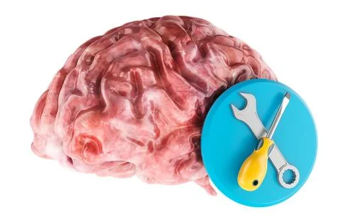 Human brain with tools icon. Brain repair neurorehabilitation cognitive rec.. 库存插图