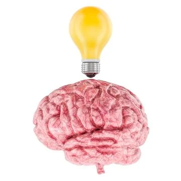 Human brain with yellow light bulb idea symbol and creativity concept, 3d r.. Stock Illustration