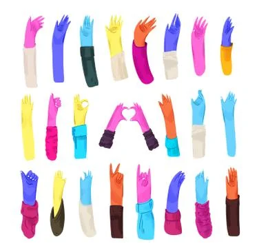 Human bright colored hands with collection of signs and hand gestures - ok, love Stock Illustration