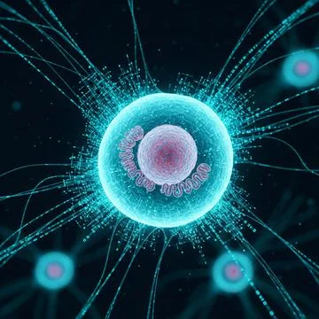 Human Cell + Digital Lines Cyan Microscopic human cell glowing neon cyan Stock Illustration