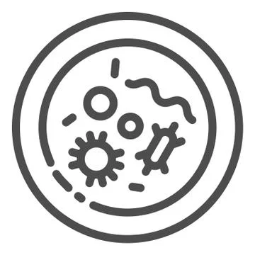 Human cells against coronavirus in microscope line icon. Healthy cell with virus Stock Illustration