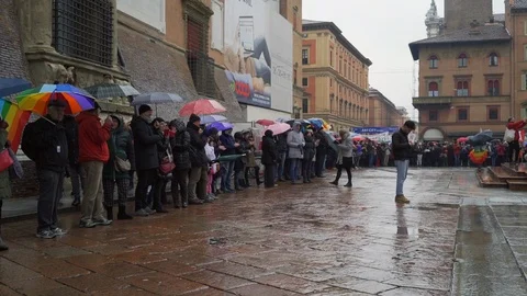 Human chain around Piazza Maggiore and "Bologna walks for peace" sign  Stock Footage 102268714