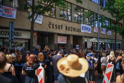 Human chain forms in Prague to support Czech public broadcasters amid their stri Stock Photos