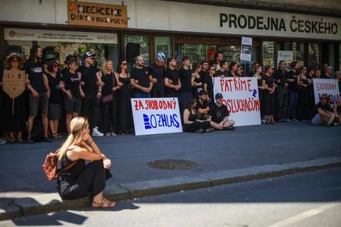 Human chain forms in Prague to support Czech public broadcasters amid their stri Stock Photos