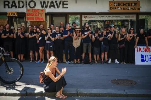 Human chain forms in Prague to support Czech public broadcasters amid their stri Stock Photos