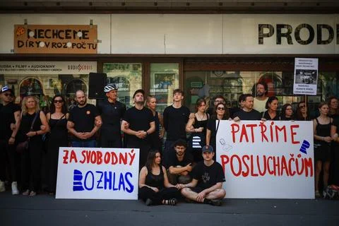 Human chain forms in Prague to support Czech public broadcasters amid their stri Stock Photos