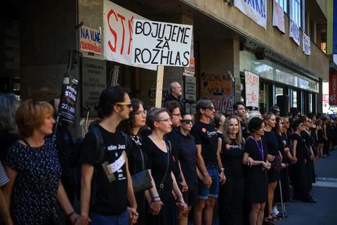Human chain forms in Prague to support Czech public broadcasters amid their stri Stock Photos