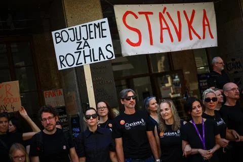 Human chain forms in Prague to support Czech public broadcasters amid their stri Stock Photos