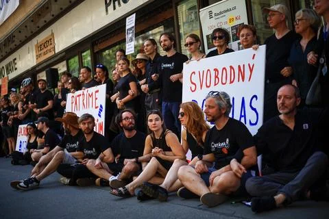 Human chain forms in Prague to support Czech public broadcasters amid their stri Stock Photos