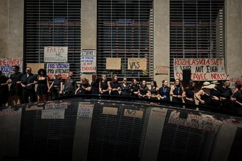 Human chain forms in Prague to support Czech public broadcasters amid their stri Stock Photos
