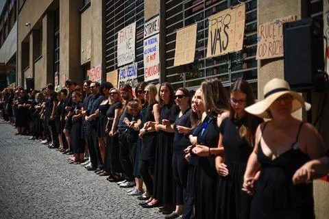 Human chain forms in Prague to support Czech public broadcasters amid their stri Stock Photos