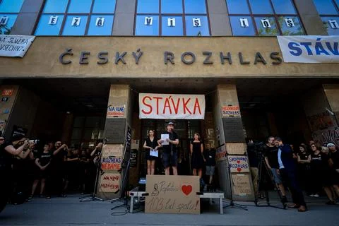 Human chain forms in Prague to support Czech public broadcasters amid their stri Stock Photos