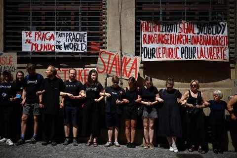 Human chain forms in Prague to support Czech public broadcasters amid their stri Stock Photos