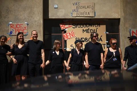 Human chain forms in Prague to support Czech public broadcasters amid their stri Stock Photos
