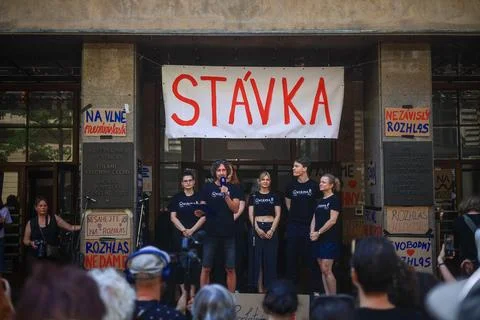 Human chain forms in Prague to support Czech public broadcasters amid their stri Stock Photos