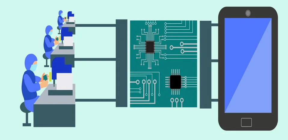 Human characters of workers production of electronics device. Stock Illustration