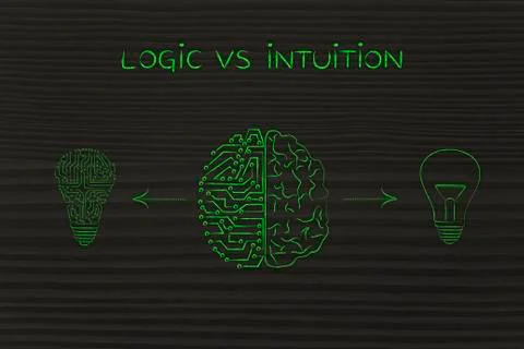 Human &amp; circuit brain having different ideas, logic vs intuition Illustrazione stock