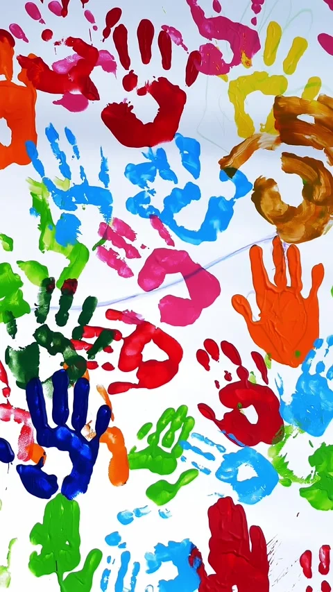 Human colored palms. Colored handprints. close-up. art. many colored prints of Video stock 319481163