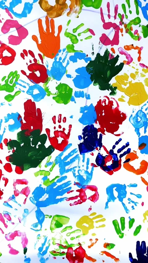 Human colored palms. Colored handprints. close-up. art. many colored prints of Stock Footage 319654569
