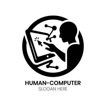 Human Computer Logo Design with Network Connections and Cyber Man Stock Illustration