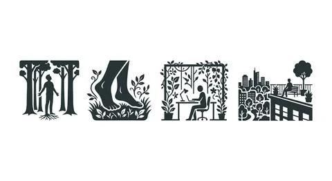 Human connection with nature illustrated through icons of people interacting wit Stock Illustration