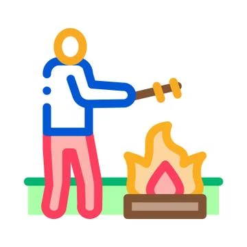 Human cooking on camp fire icon vector outline illustration Stock Illustration