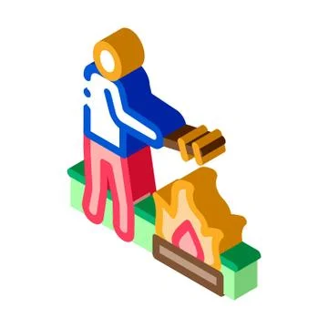 Human cooking on camp fire isometric icon vector illustration Stock Illustration