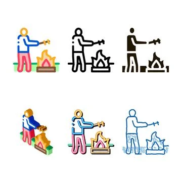 Human cooking on camp stylized fire icon vector outline 스톡 일러스트