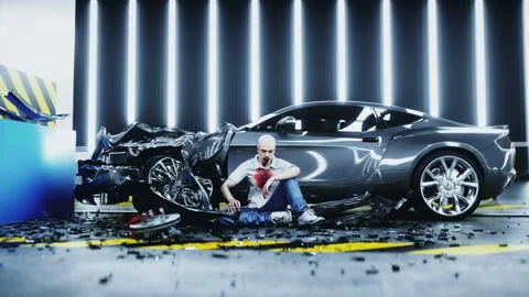Human crash test dummy sitting near destroyed car crash test. Future concept Stock Footage 161061734
