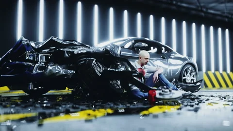 Human crash test dummy sitting near destroyed car crash test. Future concept Video stock 161061885