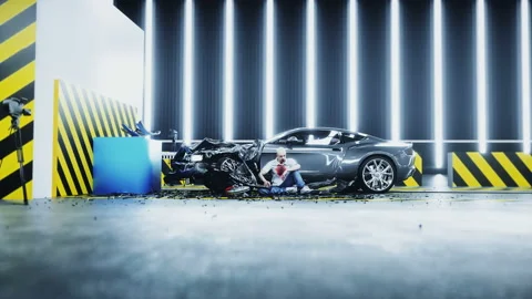 Human crash test dummy sitting near destroyed car crash test. Future concept Video stock 161062083