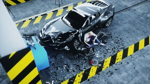 Human crash test dummy sitting near destroyed car crash test. Future concept Video stock 161062319