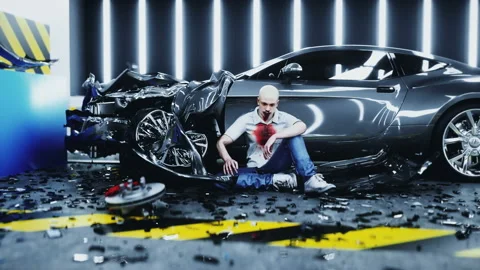 Human crash test dummy sitting near destroyed car crash test. Future concept Video stock 161062472