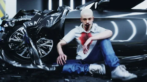 Human crash test dummy sitting near destroyed car crash test. Future concept Video stock 161062650