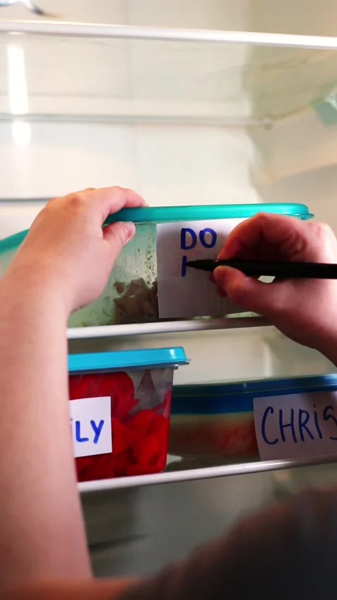 Human creating Do Not Touch sticker on lunch boxe in office refrigerator Stock Footage 311779795