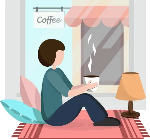 Human with a cup of coffee tea sitting by the window Stock Illustration