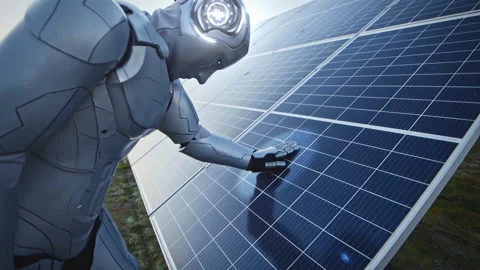 Human-like cyborg robot hand touching, activating solar panel. Animation concept Stock Footage 152654400